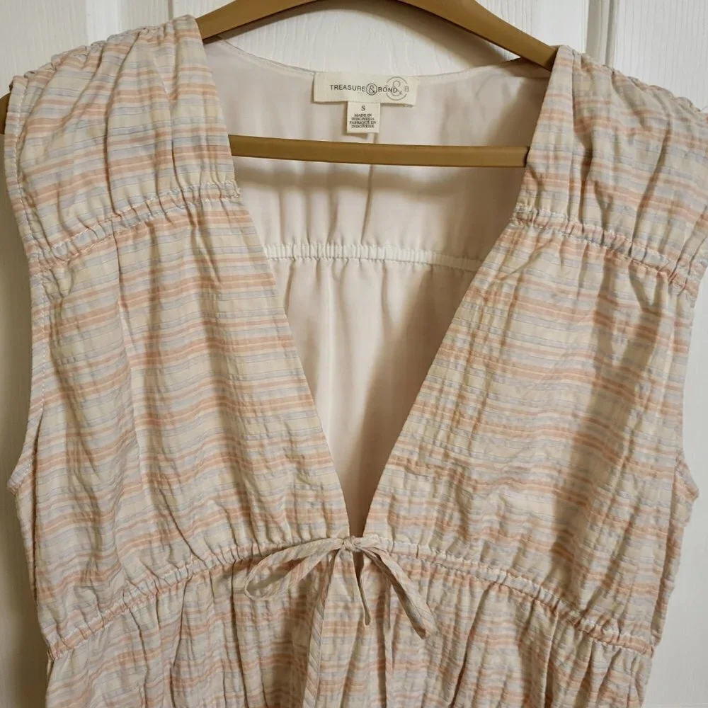 Treasure & Bond Shirred Mini Dress Ivory Honey Plaid Size Small NWOT
